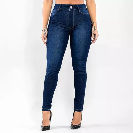 Calça Jeans Skinny Com Recortes- Azul Marinho- Lambada