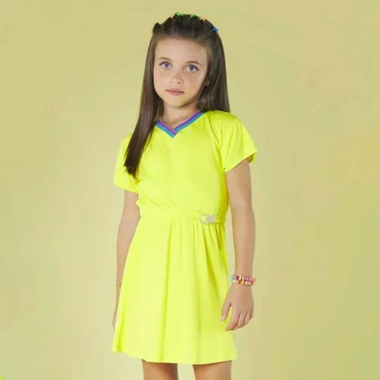 Vestido Em Tricô- Amarelo Neon & Azul- Bambollina