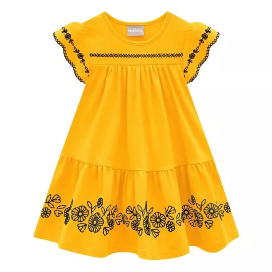 Vestido Floral Com Bordados- Amarelo & Azul Marinho