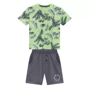 Conjunto De Camiseta Folhagens & Bermuda<BR>- Verde Claro & Cinza Escuro
