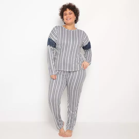 Pijama Listrado- Azul Marinho & Off White