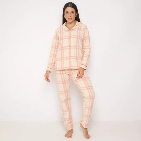 Pijama Xadrez Em Soft- Bege Claro & Rosa Claro