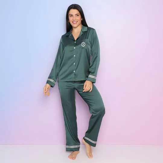 Pijama Acetinado- Verde Escuro & Off White