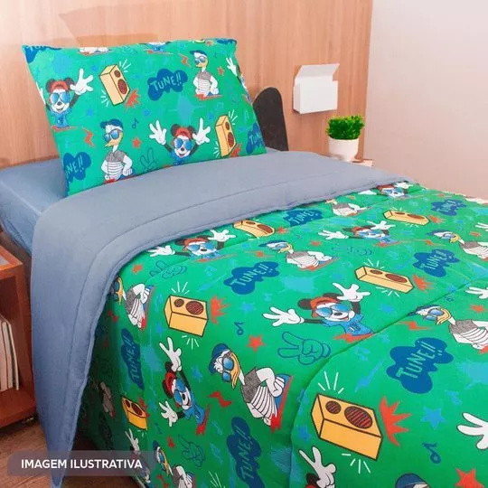 Edredom Dupla Face Mickey® De Casal- Verde & Azul- 200x220cm- Portallar
