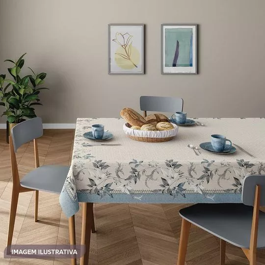 Toalha Para Mesa Floral- Bege Claro & Azul Claro- 140x220cm- Lepper