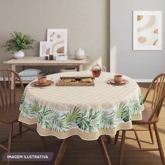 Toalha De Mesa Floral- Laranja Claro & Verde- Ø155cm- Lepper
