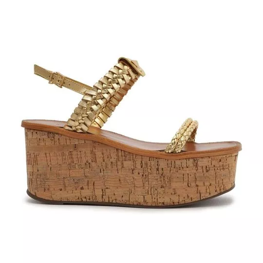 Sandália Plataforma Em Couro- Dourada- Salto: 8cm