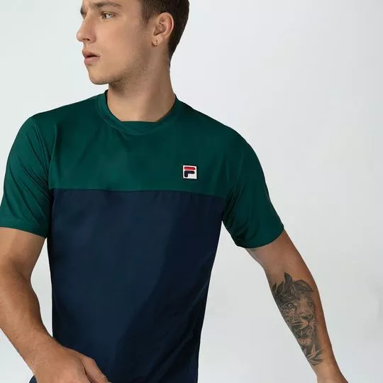 Camiseta Com Recortes- Verde Escuro & Azul Marinho