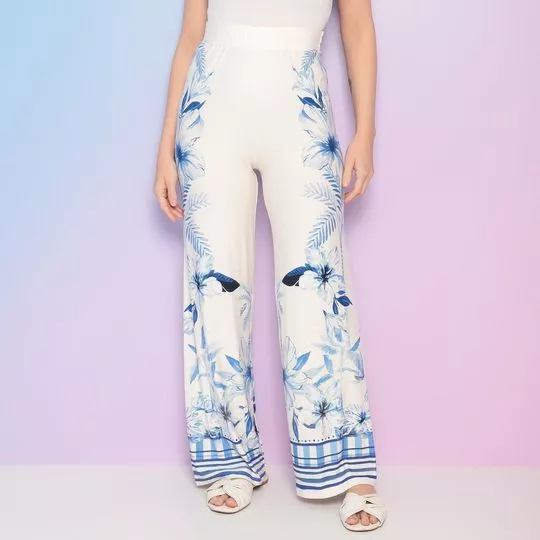 Calça Pantalona Floral- Off White & Azul- Malwee