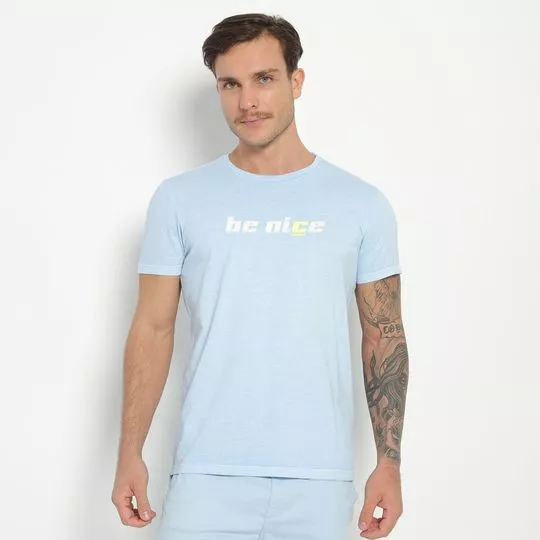 Camiseta Com Inscrições- Azul Claro & Branca