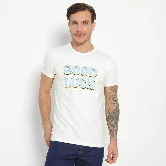 Camiseta Com Inscrições- Branca & Azul Claro