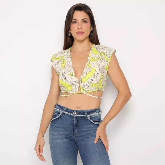 Cropped Mulheres- Bege Claro & Amarelo Neon