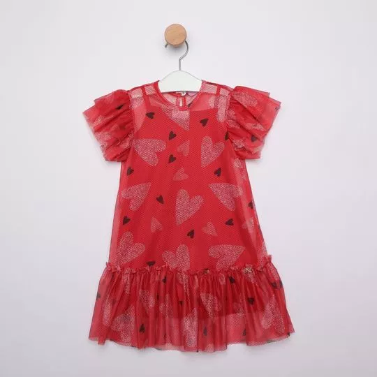 Vestido Em Tule Corações- Vermelho & Preto- Luluzinha