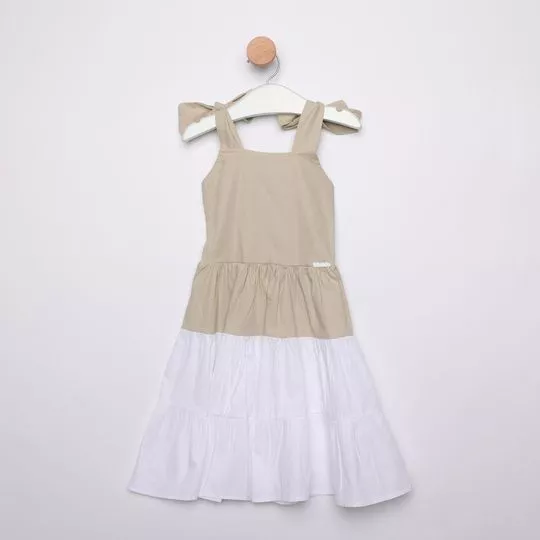 Vestido Com Recortes- Bege & Branco- Luluzinha