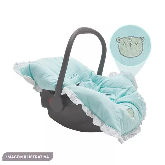 Capa Para Bebê Conforto Com Bordado- Verde Água & Branca- 55x92cm- 130 Fios- Papi Baby