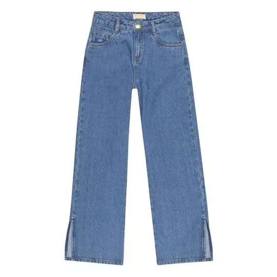 Calça Jeans Pantalona Com Bolsos- Azul
