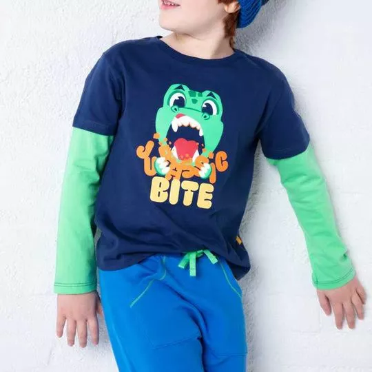Camiseta Dinossauro- Azul Marinho & Verde
