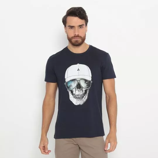 Camiseta Caveira- Azul Marinho & Branca