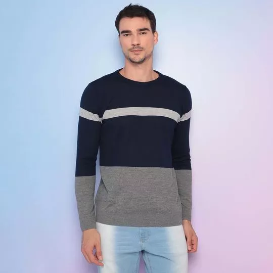 Suéter Em Tricô Com Listra- Azul Marinho & Cinza