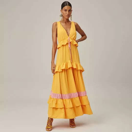 Vestido Longo Com Babados- Amarelo & Rosa Claro- Lança Perfume