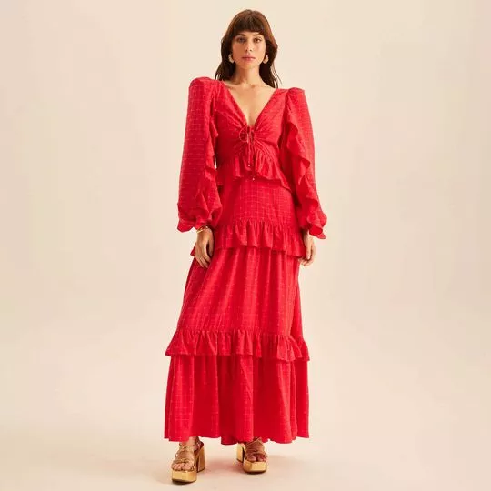 Vestido Longo Com Babados- Vermelho- Lança Perfume