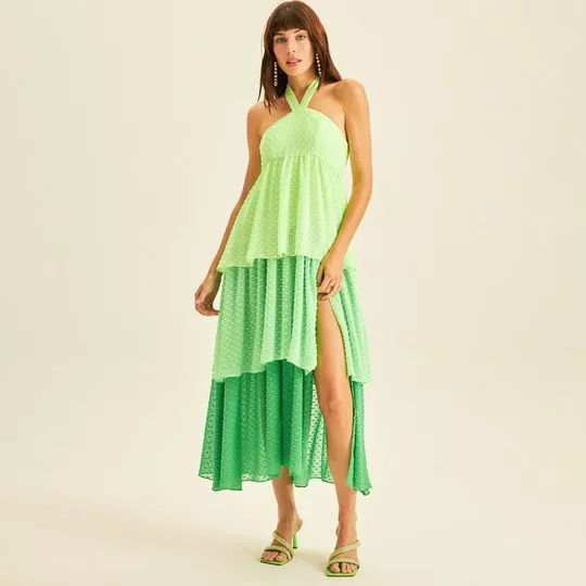 Vestido Midi Com Fenda- Verde Claro & Verde- Lança Perfume