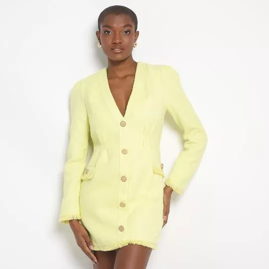 Vestido Curto Em Tweed- Amarelo Claro & Prateado- Lança Perfume