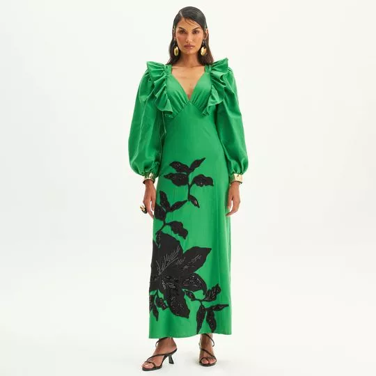 Vestido Longo Com Bordado- Verde & Preto- Lança Perfume