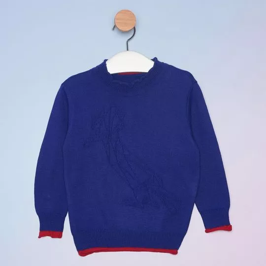 Suéter Em Tricô- Azul Escuro & Vermelho