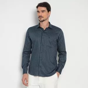 Camisa Classic Fit Com Recortes<BR>- Azul Marinho & Branca