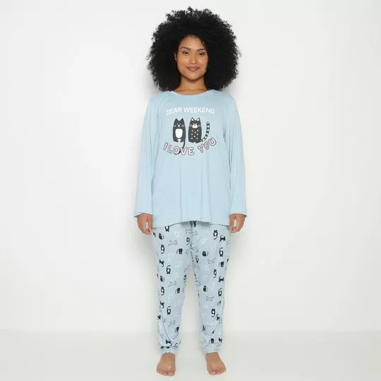 Pijama Gatinhos- Azul Claro & Preto- Danka Pijamas