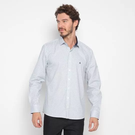 Camisa Slim Fit Com Bordado- Off White & Azul Marinho