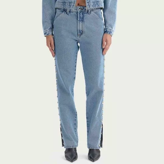Calça Jeans Reta Com Rebites- Azul Claro & Prateada- Amarante