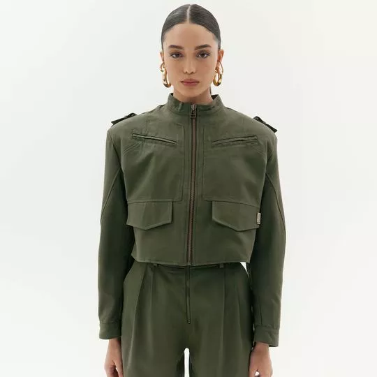 Jaqueta Cropped Com Recortes- Verde Militar- Amarante
