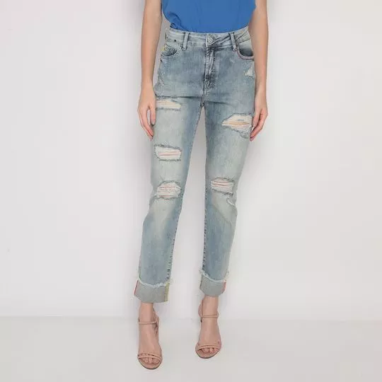 Calça Jeans Cropped Com Puídos- Azul Claro