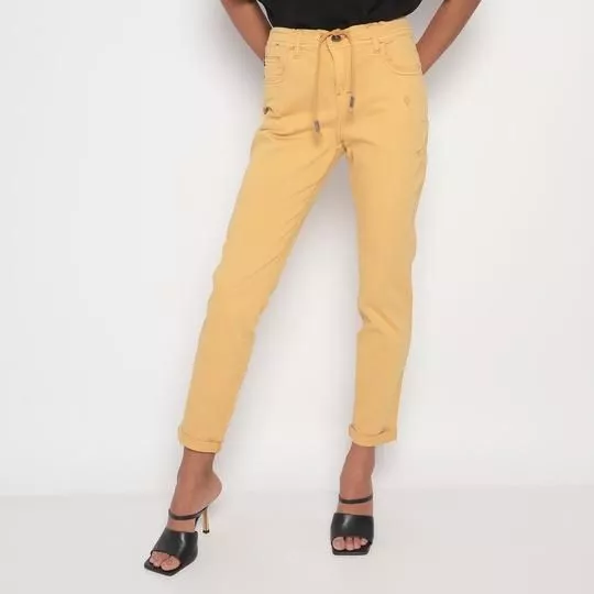 Calça Skinny Com Puídos- Amarelo Claro