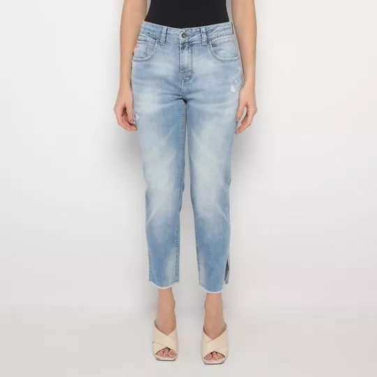 Calça Jeans Cropped Com Fendas- Azul