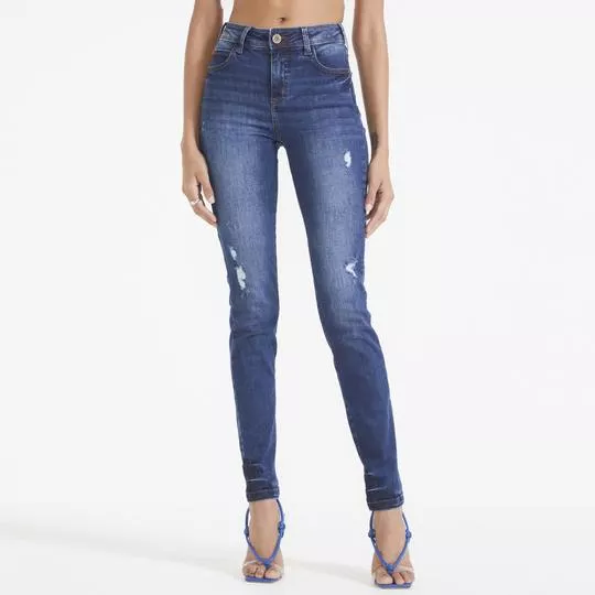 Calça Jeans Skinny Com Rasgos- Azul Escuro- Forum