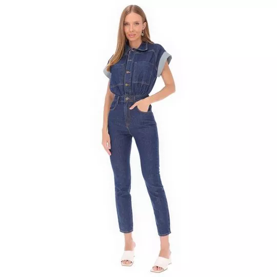Macacão Jeans Com Recortes- Azul Escuro- Forum
