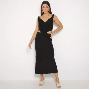 Vestido Midi Canelado<BR>- Preto