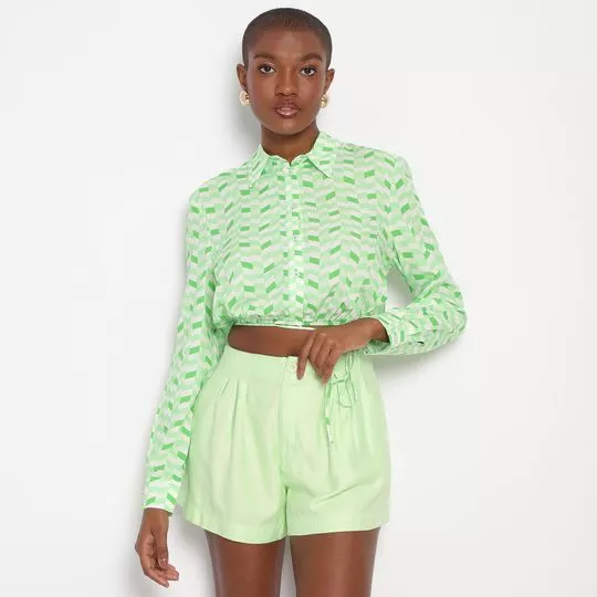 Camisa Cropped Abstrata- Verde & Branca- Colcci