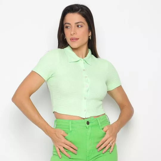 Camisa Cropped Texturizada- Verde Claro- Colcci