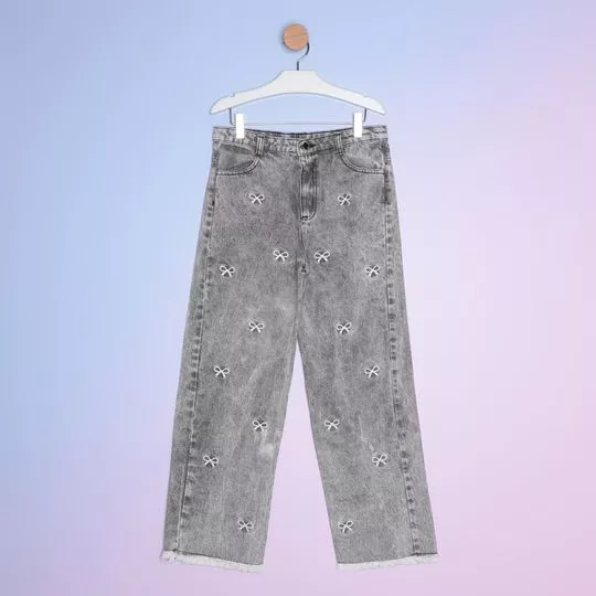 Calça Jeans Wide Leg Com Bordados - Cinza - PETIT CHERIE