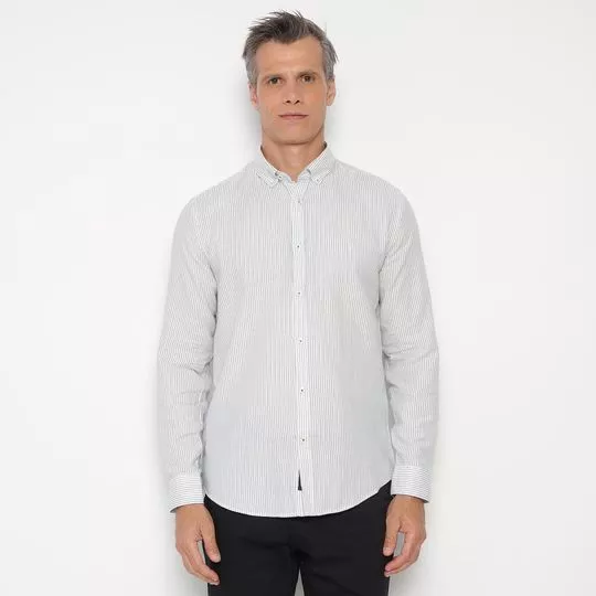 Camisa Slim Fit Oxford Listrada- Off White & Cinza Escuro