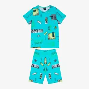 Pijama Com Inscrições<BR>- Azul Turquesa & Preto<BR>- Select