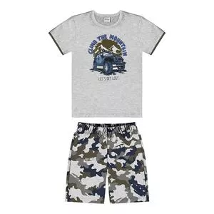 Conjunto De Camiseta & Bermuda Camuflada<BR>- Cinza & Azul Escuro<BR>- Rovi Kids