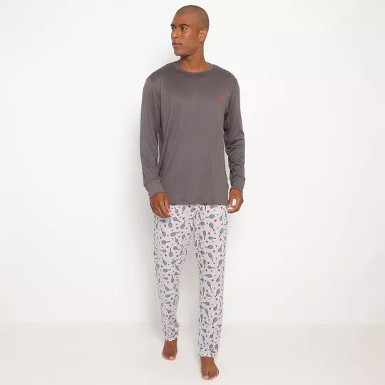 Pijama Raquetes- Cinza Escuro & Off White