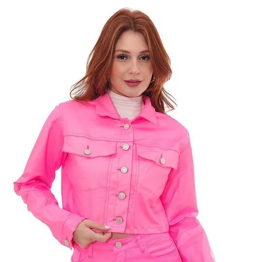 Jaqueta Cropped Em Sarja Resinada- Pink- Consciência Jeans