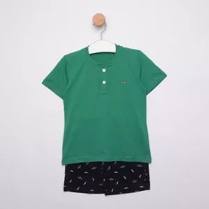 Conjunto De Camiseta & Bermuda Gaivotas<BR>- Verde Escuro & Preto<BR>- Oliver