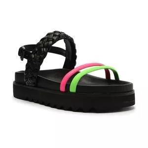 Sandália Plataforma Com Tira Trançada<BR>- Preta & Pink<BR>- Salto: 2,5cm
